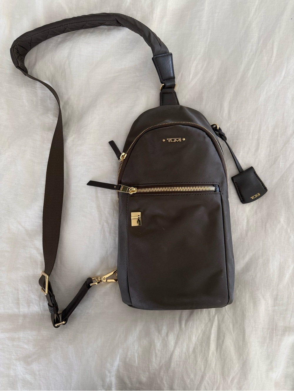Tumi Men's Dark Brown Crossbody Sling with Gold Hardware